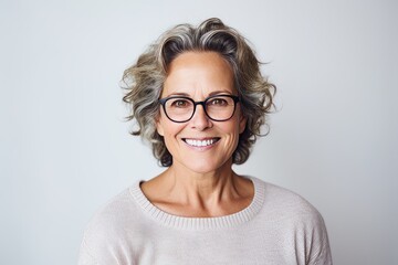 Portrait of smiling mature woman with eyeglasses against grey background