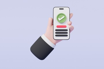 3D Business hand holding mobile phone with check mark on smartphone screen icon. Completed task, done payment. Business concept. Minimal cartoon isolated on purple background.3D rendering illustration