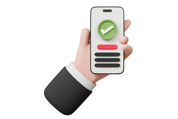 3D Business hand holding mobile phone with check mark on smartphone screen icon. Completed task, done payment. Business concept. Minimal cartoon isolated on purple background.3D rendering illustration