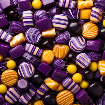 Background image of purple, white, yellow and black hard candy lying in a random pile.