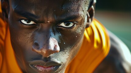 A closeup of a sprinters determined expression showing the fierce competitive spirit of the sport.