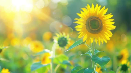Tissu par mètre Jaune Sunflower on blurred sunny nature background. Horizontal agriculture summer banner with sunflowers field