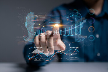 Businessman touching automated data management system to create reports with KPIs and indicators...