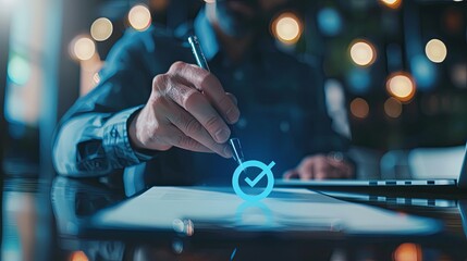 Paperless workplace idea, e-signing, electronic signature, document management. A businessman signs an electronic document on a digital document on a virtual notebook screen using a stylus pen.