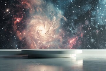 Abstract modern white display podium float beautiful fantasy outer space galaxy planet dark black mysterious. Pedestal advertising product. concept universe stars cosmos. Copy space. Soft focus. - obrazy, fototapety, plakaty