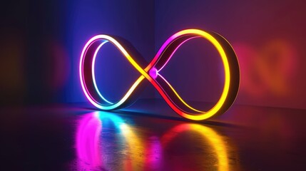 Neon yellow, pink and blue infinity symbol in an empty room. AI Generated