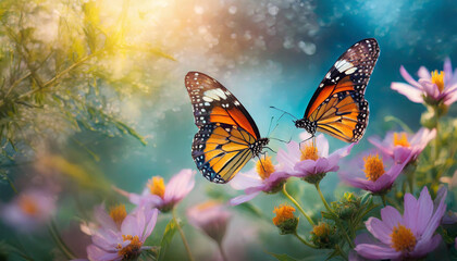 butterflies on flowers in a garden backlight, symbolizing beauty and transformation