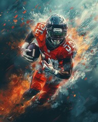 American football player in dynamic action, sports illustration, full intensity 3DCG,high resulution