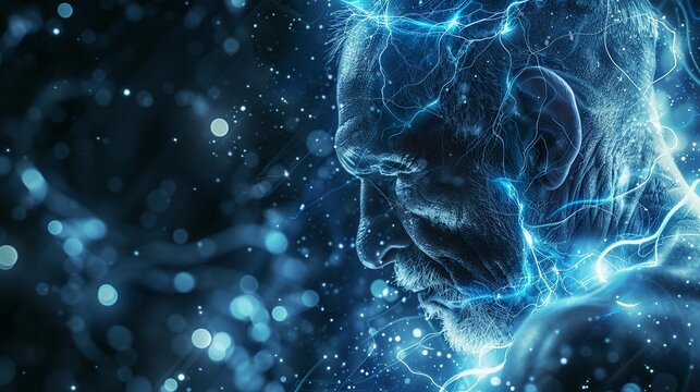 Elderly person in fitness gear, strong, surrounded by digital electric currents ultra HD,clean sharp focus
