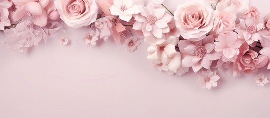 A mixture of pink roses and white flowers arranged on a pink background, creating a beautiful contrast of colors and textures in a floral composition