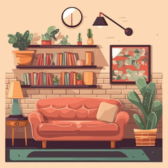 Living room in flat style home illustration with so