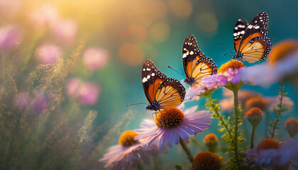 butterflies on flowers in a garden backlight, symbolizing beauty and transformation