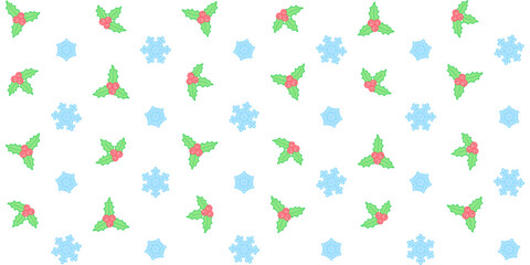 Mistletoe, Christmas Holly berries and blue snowflakes on a white background. New Year endless texture. Vector seamless pattern for festive design, banner, wrapping paper, giftwrap and surface texture