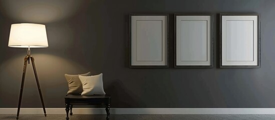 Empty photo frames displayed on a gray wall illuminated by a lamp, for display purposes.