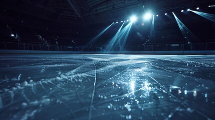 A mesmerizing shot of skaters blades creating intricate patterns on the ice at a nighttime stadium.