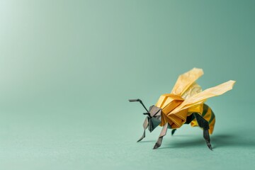 origami Bee on pastel green background