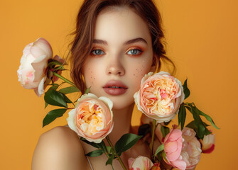 A beautiful woman with roses and peonies on her shoulders, perfect makeup, perfect lips, beautiful eyes, brown hair in a ponytail, peach background