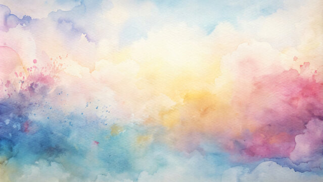 Painting sky filled with fluffy clouds and bright sunlight over the sea on a clear summer day