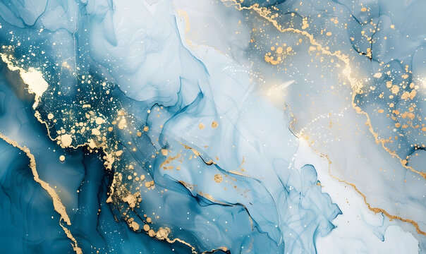 abstract background, blue and white marble texture background with cracked gold details, Generative AI © simba kim