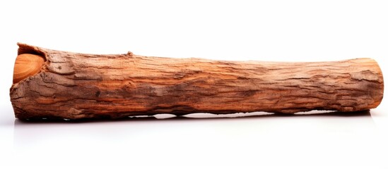 A brown log rests on a rectangular wooden dish in a natural landscape with a horizon. The white...