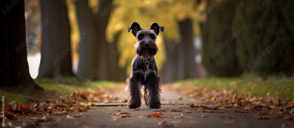 Wall mural A small fawncolored Terrier breed dog stands on a sidewalk in the woods, a carnivorous terrestrial animal from the Sporting Group, known for being a loyal companion with a wagging tail and snout