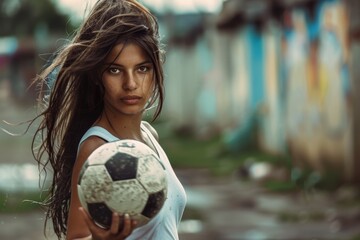 Serious young footballer with a ball against street art, her gaze full of resolve and strength, reflecting her unwavering passion for the game and desire to win.