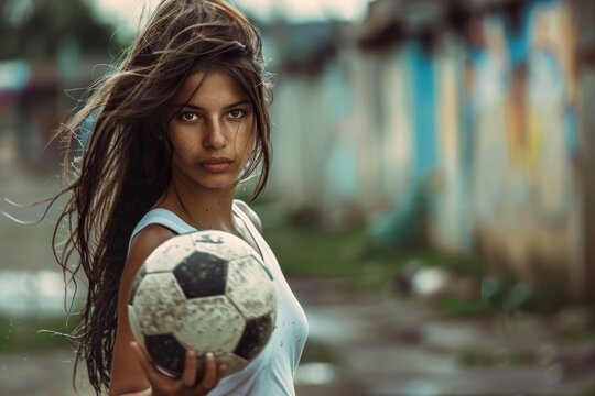 Serious young footballer with a ball against street art, her gaze full of resolve and strength, reflecting her unwavering passion for the game and desire to win.