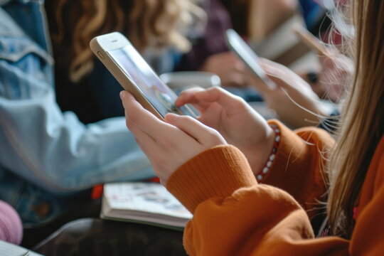Close up hand of student using cell phone