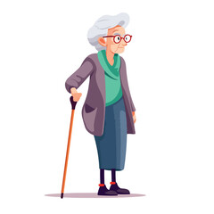 Old woman with cane. Senior lady with glasses walki