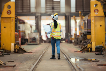 Portrait of railway technician worker in safety vest and helmet working with blueprint at train...