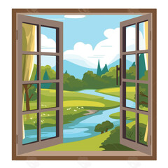 Open window with a landscape view. The landscape fr