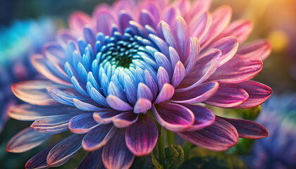 colorful chrysanthemum flowers: blue, red, and purple hues create a captivating floral background