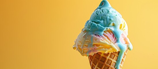 Melting ice cream in blue, yellow, and pink colors in a waffle cone on a yellow background...