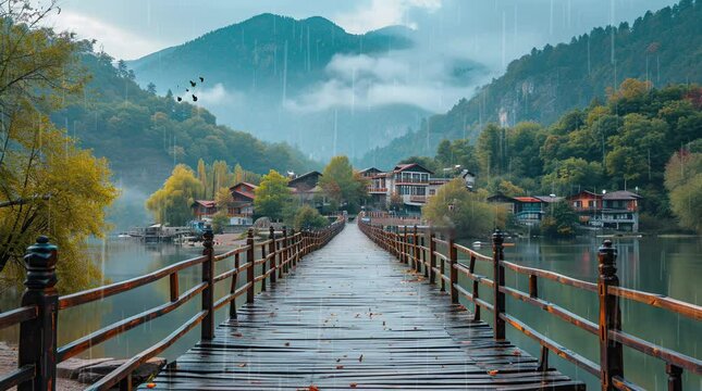 Rainy Day Passage: A wooden bridge leads through the rain to a quaint village, where the patter of raindrops creates a s Seamless looping 4k time-lapse virtual video animation background. Generated AI