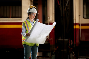 Portrait of railway technician worker in safety vest and helmet working with blueprint at train...