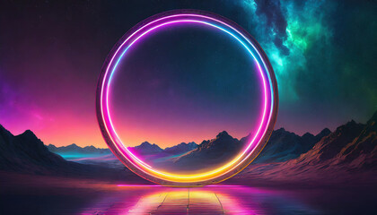 neon round frame with empty space, evoking 80's retro style under ultraviolet light