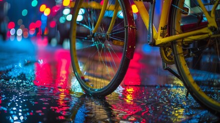 The colorful reflections of city lights dance across the wheels of a yellow bicycle navigating the rainy streets.