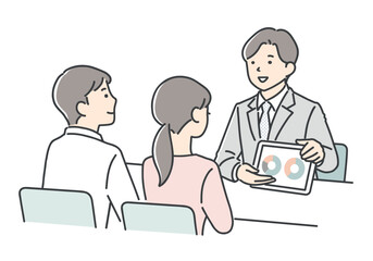 Obraz premium 若いカップルに案内をする営業担当者