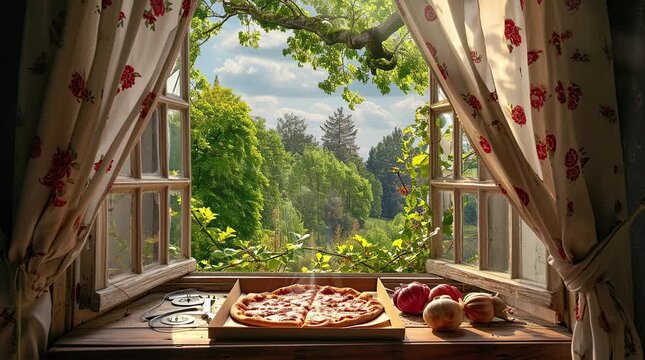 Sunny Day Slice: Indulge in a hot pizza by the window on a sunny day, where the golden rays illuminate the cheesy goodne Seamless looping 4k time-lapse virtual video animation background. Generated AI