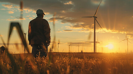 Engineer standing in a field at a wind farm - obrazy, fototapety, plakaty