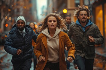 Fototapeta premium businesswomen running through the city, their movement accentuated by explosive bursts of color.