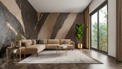 Luxury living room, marble and gold wall, modern light, dark brown wall