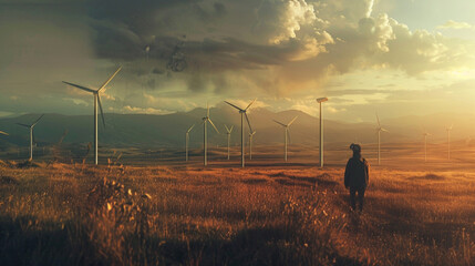 Engineer standing in a field at a wind farm - obrazy, fototapety, plakaty