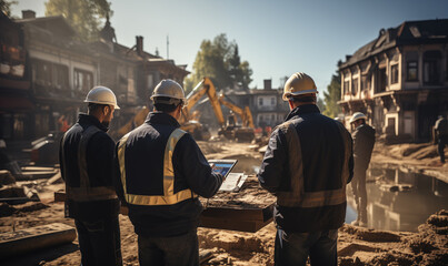 Construction professionals using tablet to discuss real estate project at construction site on sunny day. (Available for various construction-related photos).