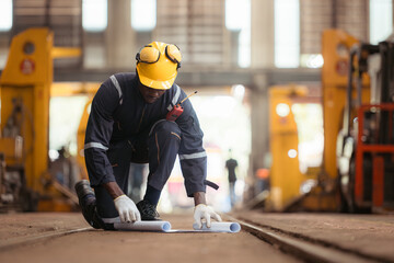 Railway technician in uniform and helmet inspect the train wheels removed from the locomotives in the train workshop.