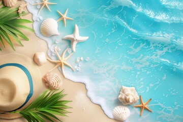 Beach accessories and starfish strewn on sandy shore - obrazy, fototapety, plakaty
