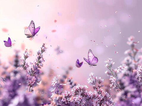 This is a beautiful picture of a spring garden with flowers in bloom and butterflies fluttering about The background is a soft pinkishpurple hue to represent the fragrant blooming of spring , 8k