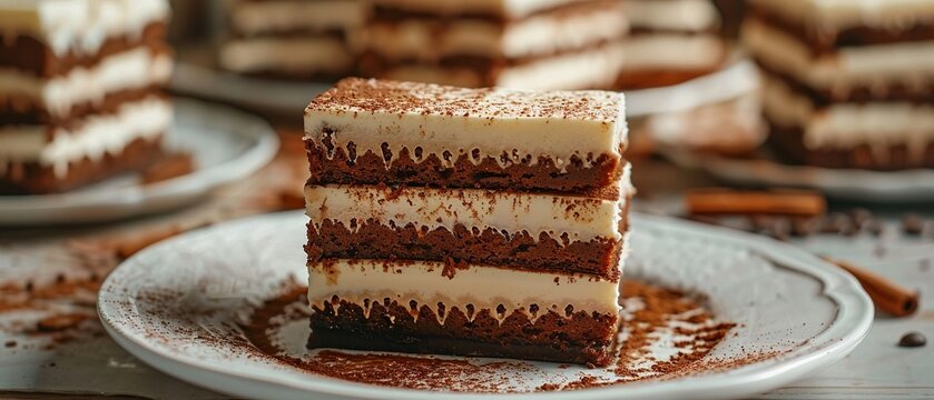 Toblerone cakes stacked with layers of coffee and cream in the center of each cake There is cinnamon powder on top The background has other smaller 