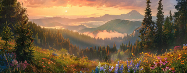 A panoramic view of the Carpathian Mountains at sunrise, with mist rolling over hills covered in wildflowers and pine forests - obrazy, fototapety, plakaty