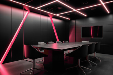A sleek meeting room with a combination of black and neon pink walls, minimalist furniture, and recessed lighting for a contemporary feel. - obrazy, fototapety, plakaty